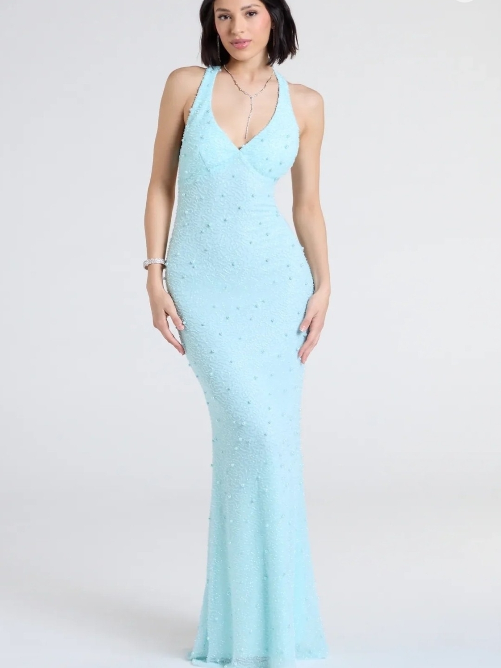 B Darlin Tyra Halter Open Back Pearl Mermaid Formal Dress Size XS